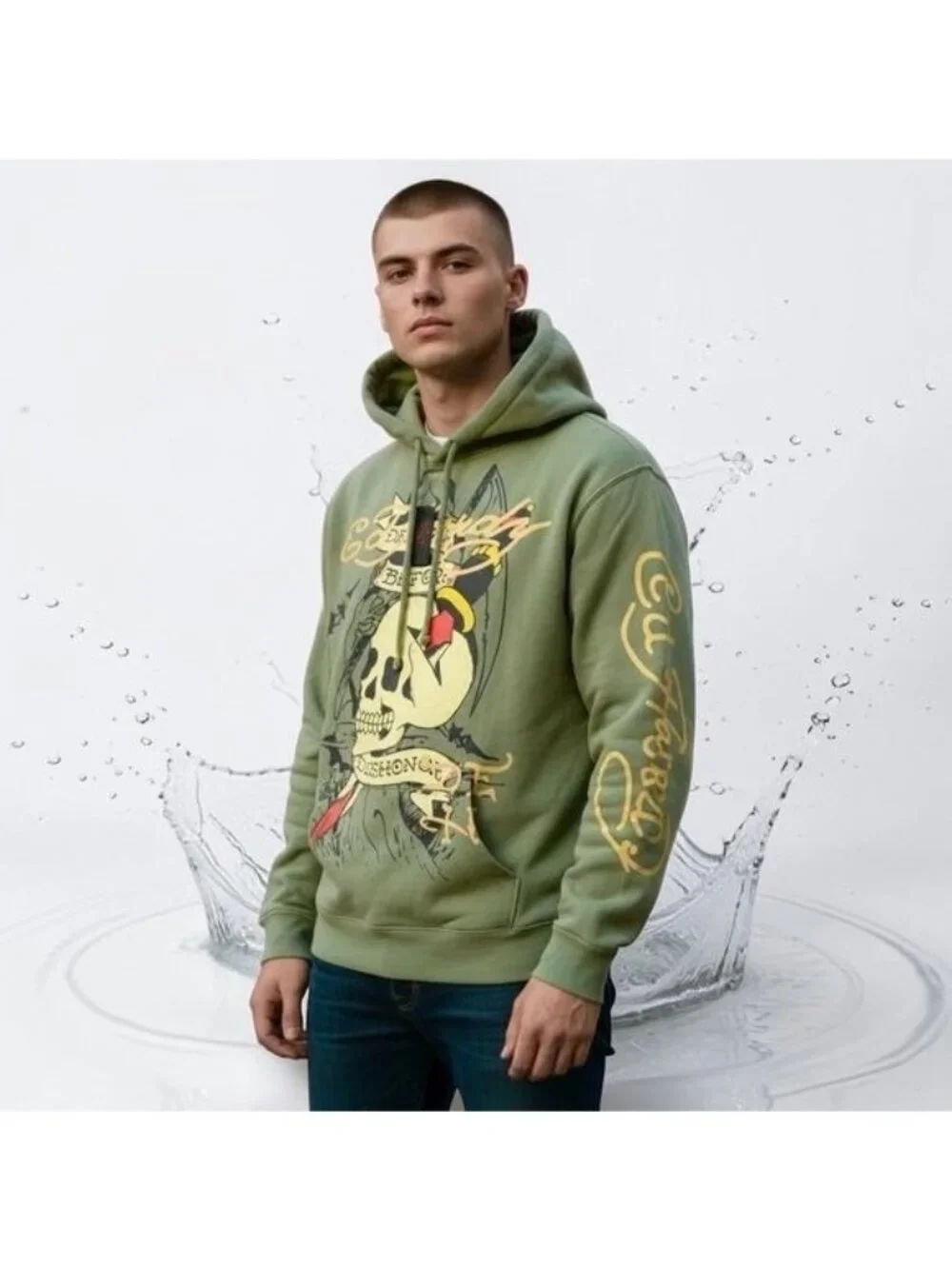 NEW Ed Hardy Death Before Dishonor Hoodie Mens M Olive Green Tattoo Skull - Picture 2 of 12